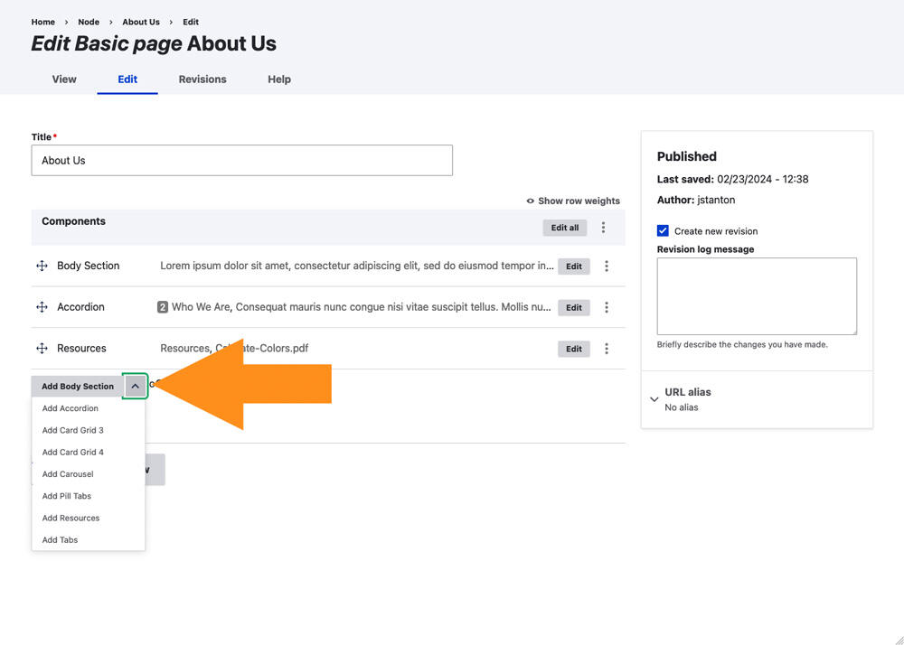 Screenshot of page edit form with arrow pointing to the add component dropdown button