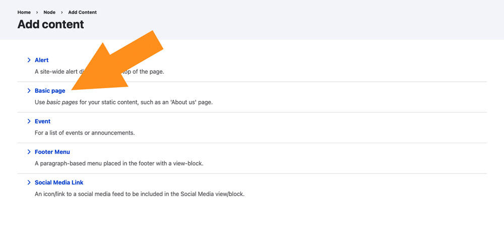 Screenshot of Add Content page with arrow pointing to the Basic Page option
