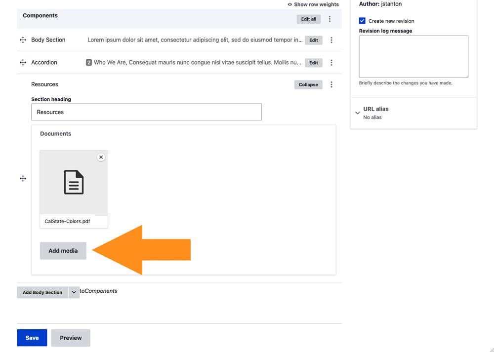 Screenshot showing page in edit mode with Resources component, showing the fields, and an arrow pointing to the Add Media button