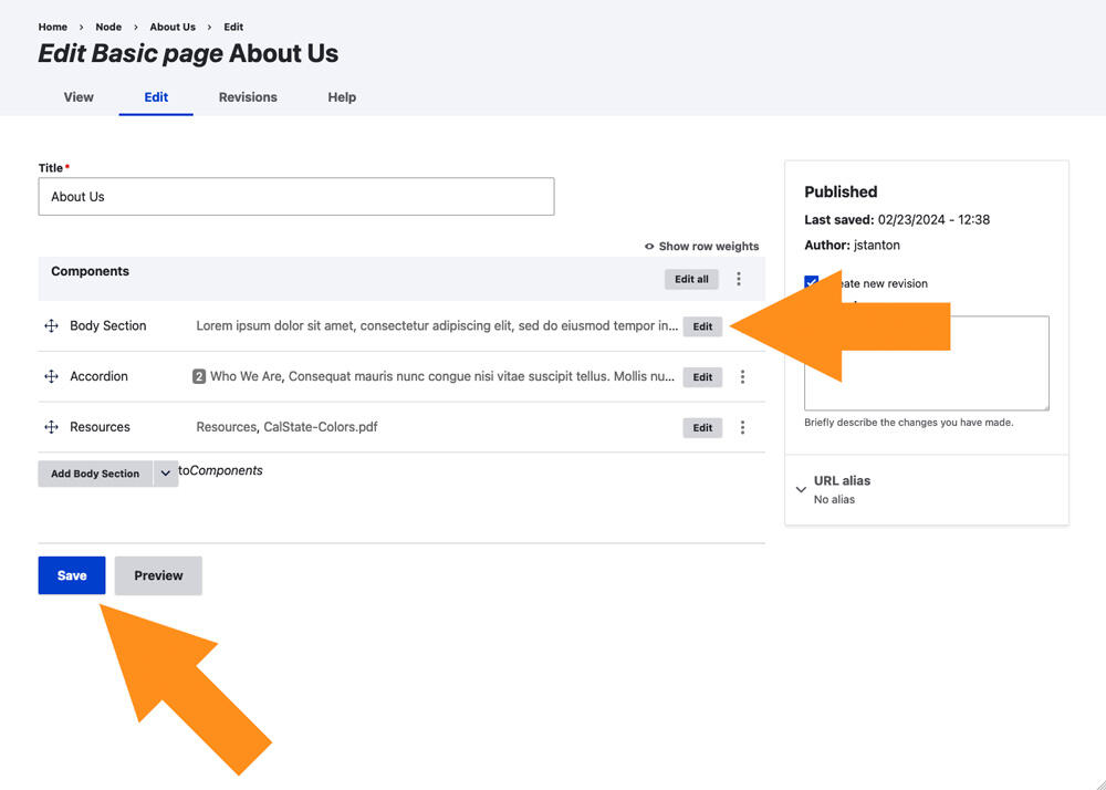 Screenshot of page edit form with arrows pointing to component Edit buttons and Save button