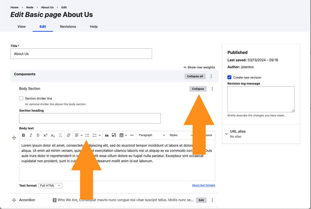 Screenshot of page edit form with arrows pointing to component Collapse button and HTML editor controls