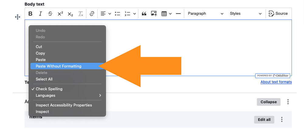 Screenshot showing a body field in edit mode, with the right-click options showing, and the "Paste without formatting" option highlighted