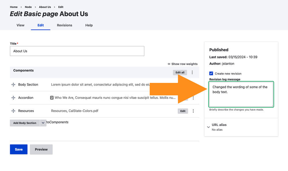 Screenshot showing page in edit mode with arrow pointing to the revision log message field
