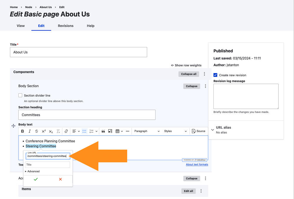 Screenshot of page edit form with arrow pointing to the link URL field within a body section, containing a relative URL