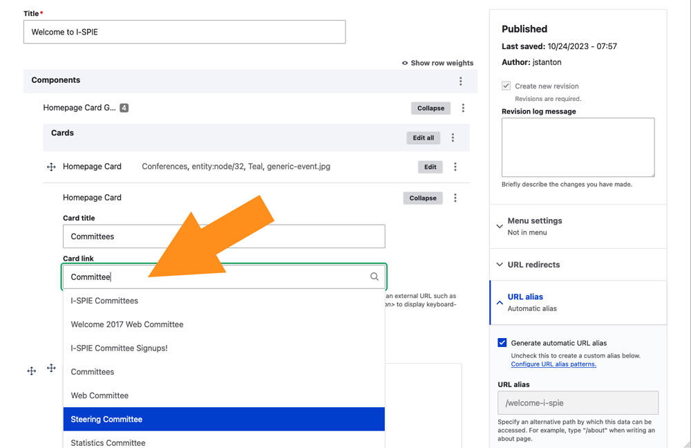 Screenshot of page edit form with arrow pointing to dedicated link field, the word Committee typed into it, and the automatic dropdown showing page options containing that keyword