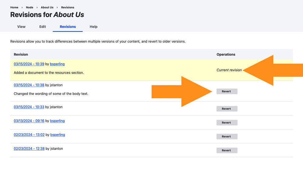 Screenshot of revisions list with arrows pointing to the current revision and the Revert button