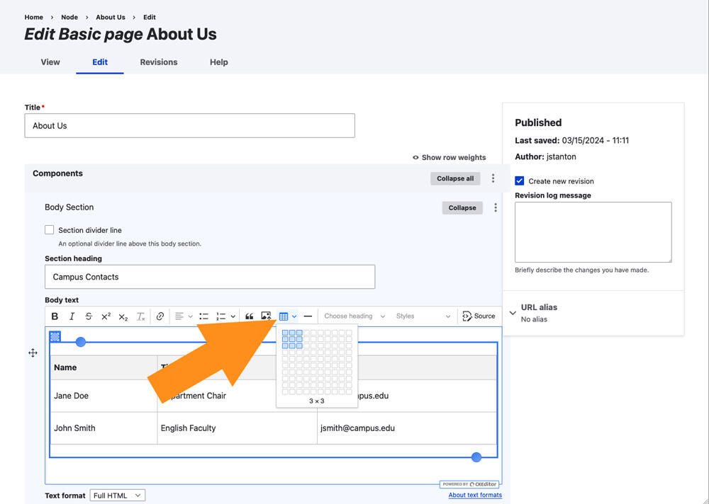 Screenshot of page edit form showing arrow pointing to the table dropdown button in the HTML editor