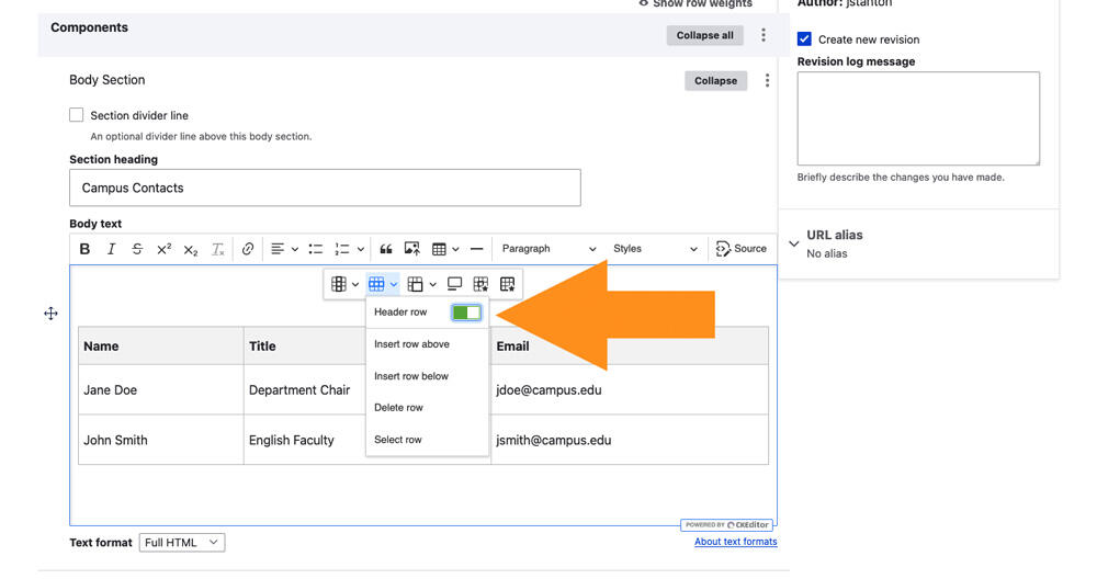 Screenshot of page edit form showing an arrow pointing to the table row options in the HTML editor